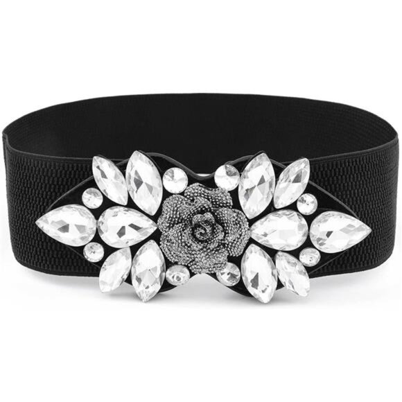 Rhinestone Belt Formal Belt Women Stretch Dressy Elastic Flower Belts Fancy - Picture 1 of 7